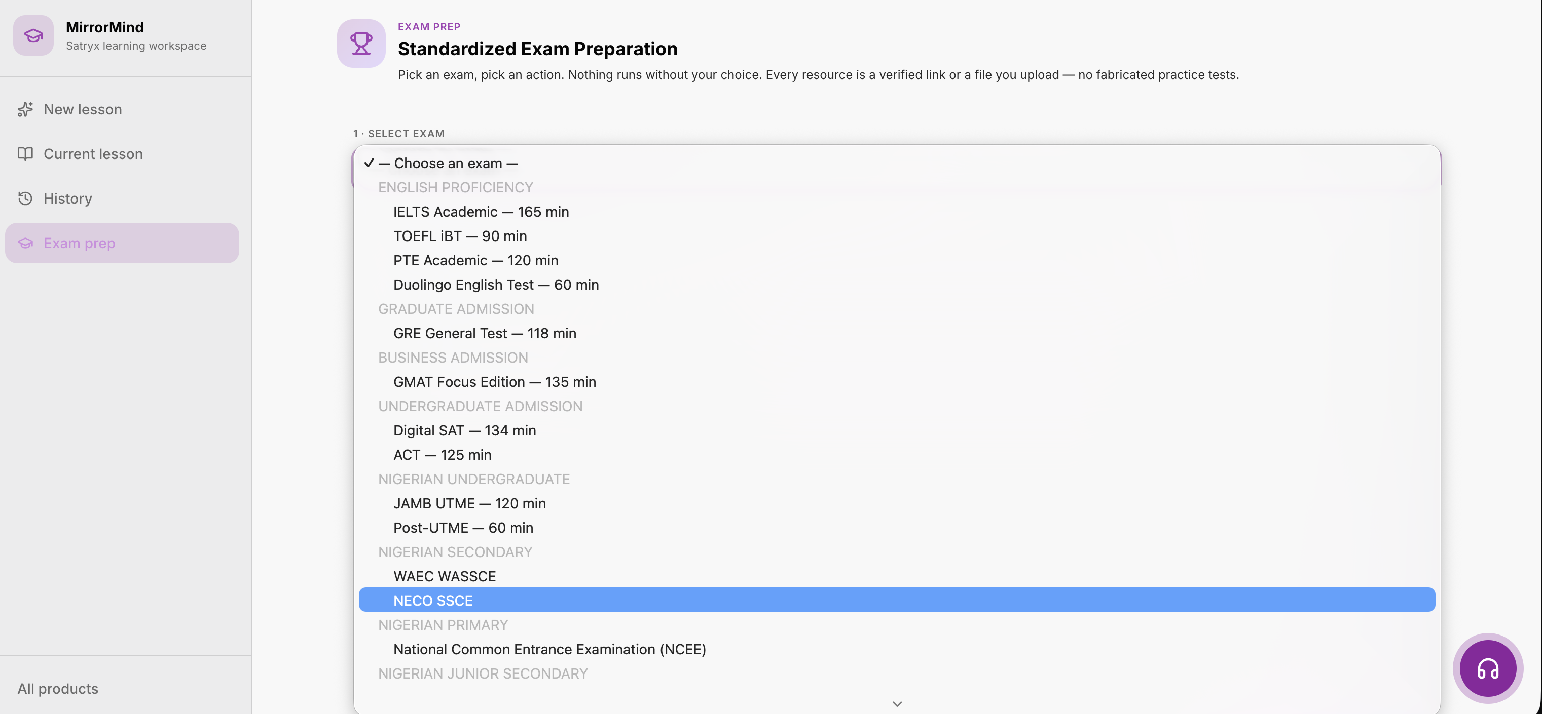 MirrorMingo exam path selector